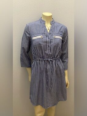 Mlle Gabrielle Navy and White Striped Drawstring Shirt Dress